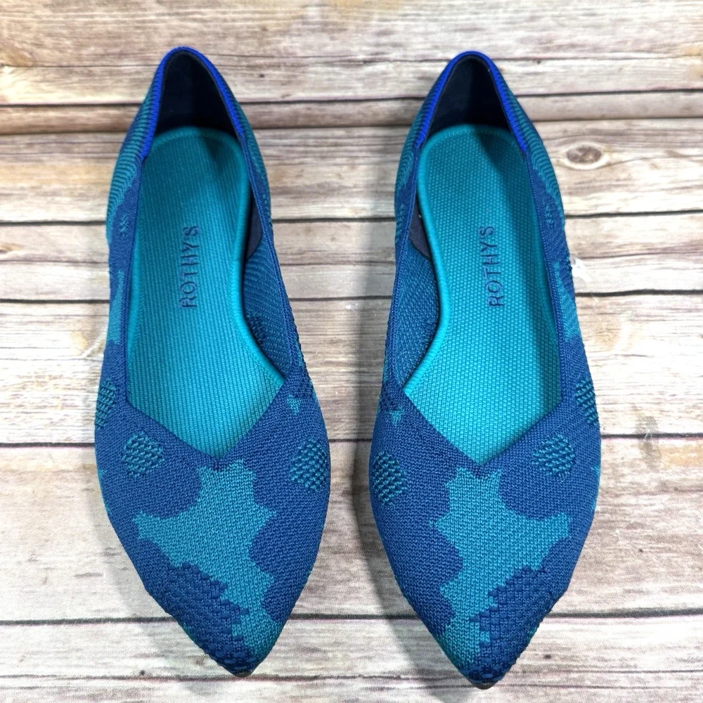 Rothy's Womens Turquoise & Blue Pointed Toe Camoflauge Slip On Flat Shoes 9.5